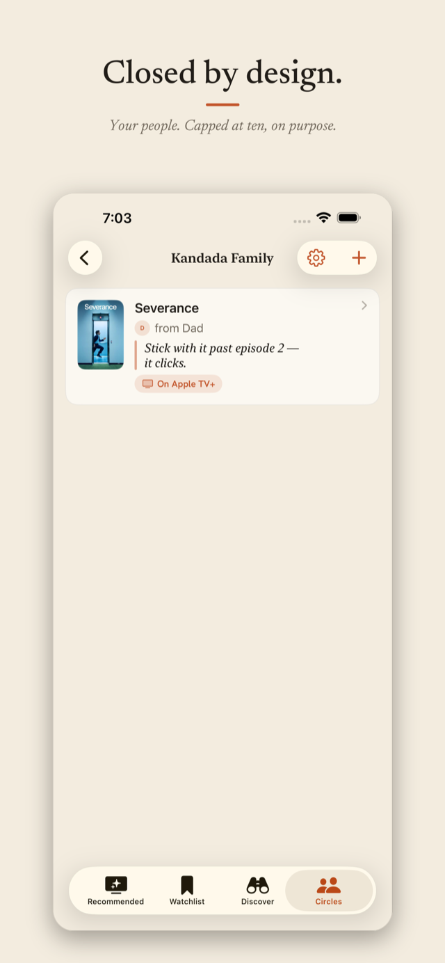 Cuelo screenshot: a private circle of up to ten people, closed by design